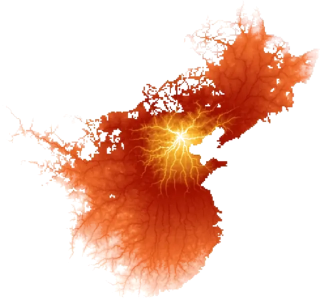 Every road in China drawn at once as a glowing dendrite, brightest where the most routes overlap