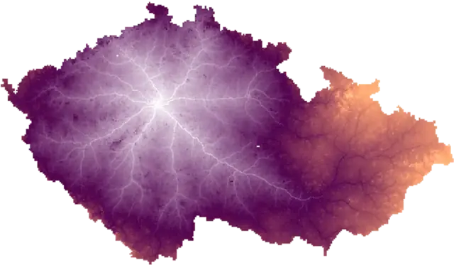 Every road in Czechia drawn at once as a glowing dendrite, brightest where the most routes overlap