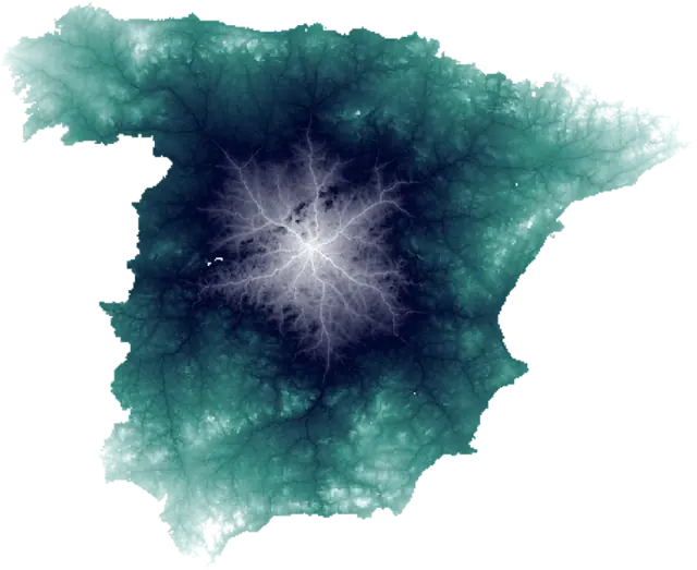 Every road in Spain drawn at once as a glowing dendrite, brightest where the most routes overlap