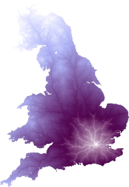 Every road in the United Kingdom drawn at once as a glowing dendrite, brightest where the most routes overlap