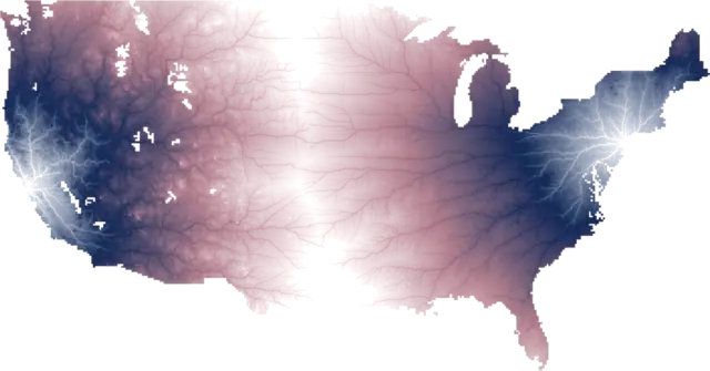 Every road in the United States drawn at once as a glowing dendrite, brightest where the most routes overlap